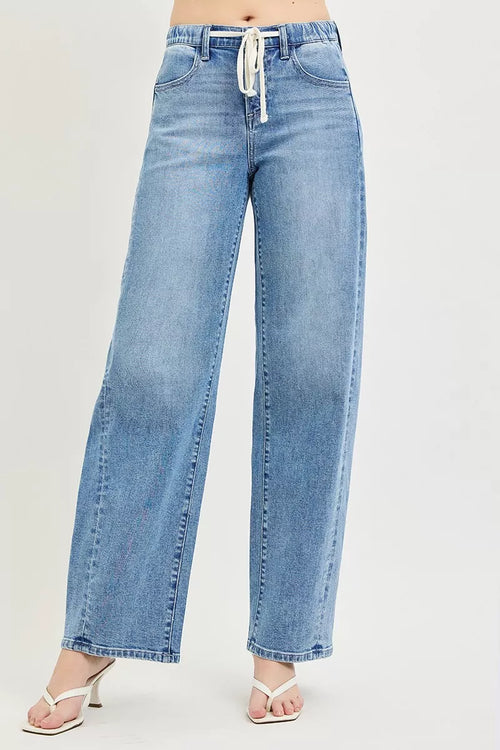 Relaxed fit drawstring waist jeans for women, front view