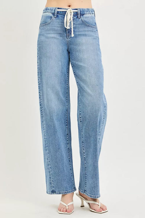 Relaxed fit drawstring waist jeans, side view
